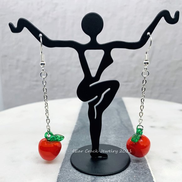 Red Apple Fruit Dangle Earrings - Picture 1 of 6